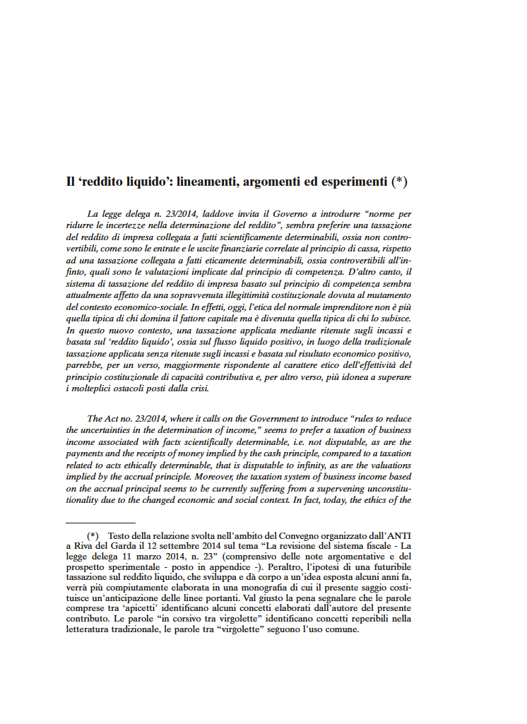 Il reddito liquido – Lineamenti, argomenti ed esperimenti, Rivista di Diritto Tributario